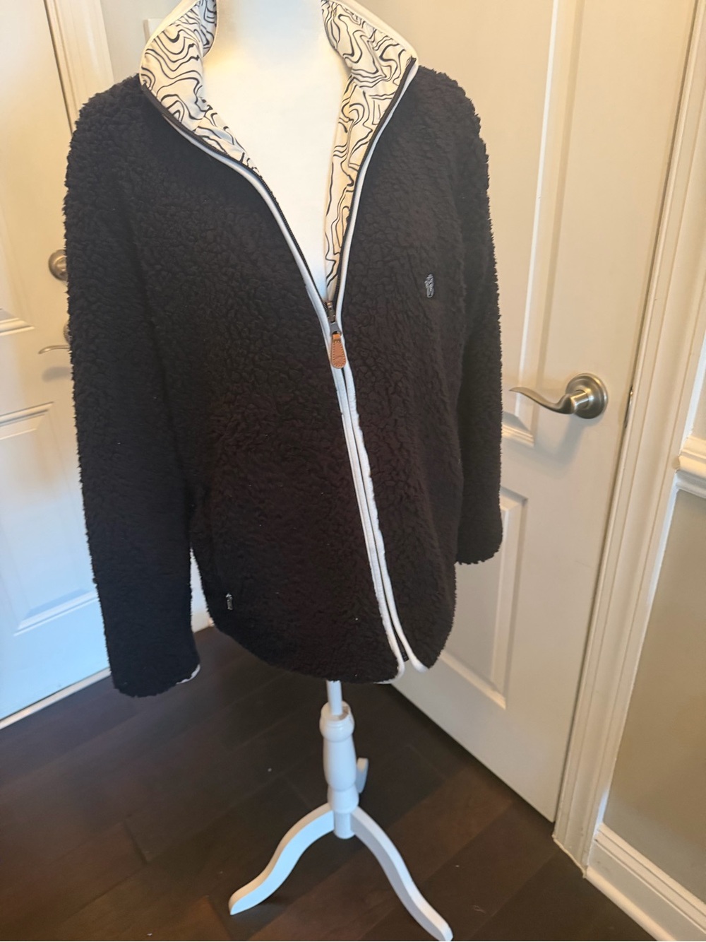 Black Revisable Sherpa  Jacket with Patterned Reverse Side
